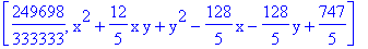 [249698/333333, x^2+12/5*x*y+y^2-128/5*x-128/5*y+747/5]